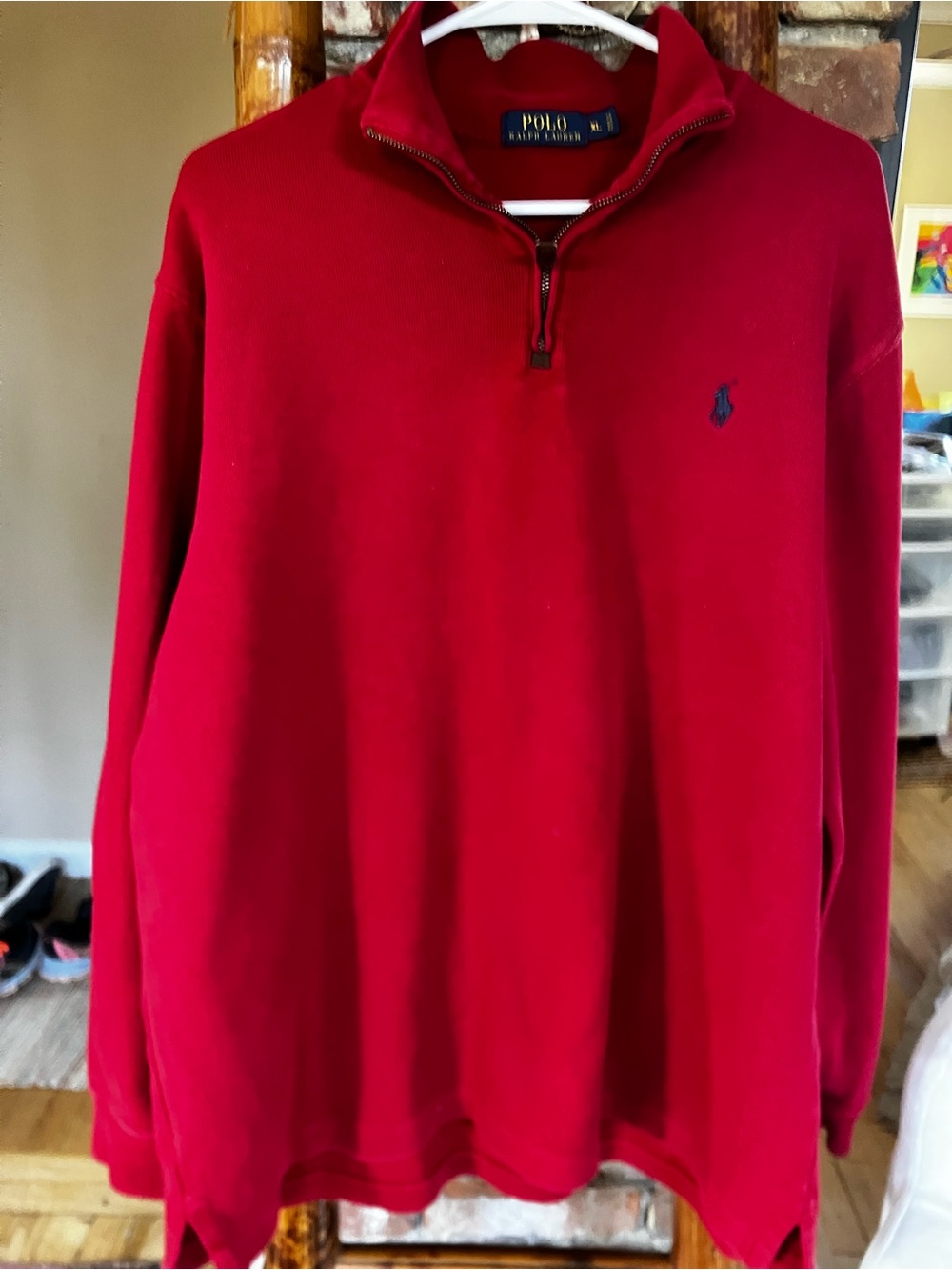 Polo Ralph Lauren Mens XL Red Quarter Zip Pullover Sweater Blue Pony